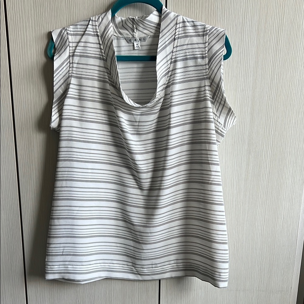 CAbi White and black Boxy Blouse with Bib Collar